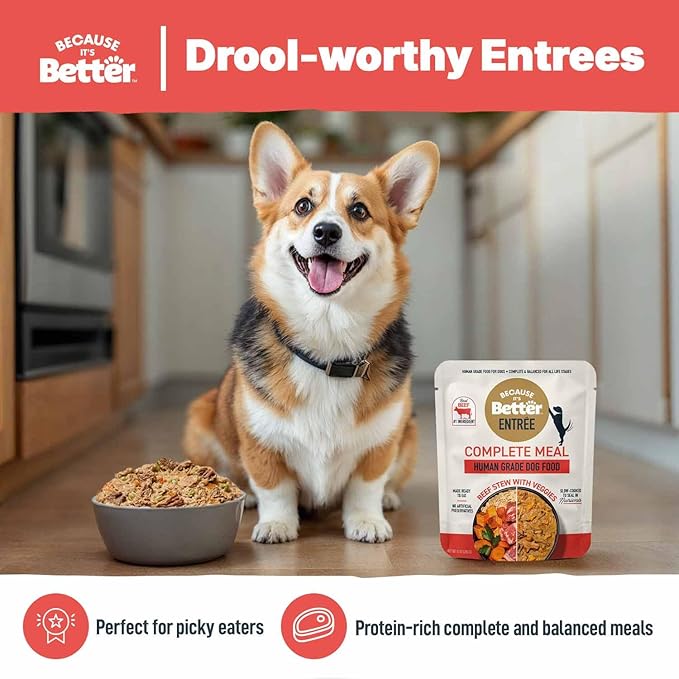 Because It's Better Entrée Complete Meal, Beef Stew with Veggies, Human Grade Wet Dog Food, 10 oz Pouches, 6 Count