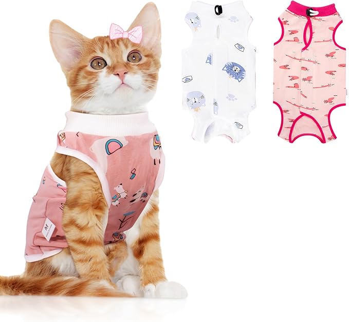 Coppthinktu 2 PCS Cat Recovery Suit Female Cat Onesie for Cats After Surgery Spay Abdominal Wounds, Kitten Recovery Suit Female Breathable E-Collar Alternative Kitten Onesie Anti Licking Large