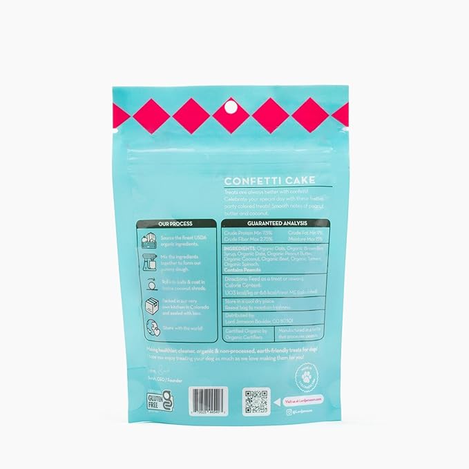 Lord Jameson Confetti Cake Soft & Chewy Certified Organic Dog Treats for Small Breeds - Peanut Butter & Coconut - Small Bite, No-Bake Recipe, Gluten-Free, Preservative-Free - Made In USA - 3 oz
