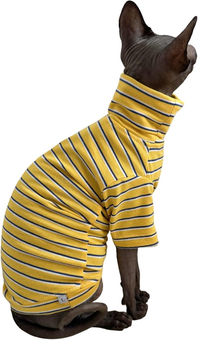 Vintage Stripes Sphynx Hairless Cats Shirt Cotton Cat Turtleneck Pet Clothes Kitten T-Shirts with Sleeves for Sphynx Cornish Rex, Devon Rex, Peterbald (Yellow Stripe, Small (Pack of 1))