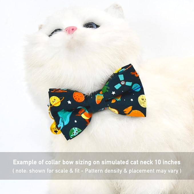 Space Dinosaur Cat Collar Bow Tie with Bell, Breakaway Safety Collar, Wedding/Birthday Cat Accessories