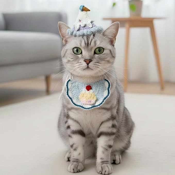Knit Pet Costume – Ice Cream Dog Hat & Birthday Cake Cat Collar for Rabbits, Cats and Small Medium Dogs, Adjustable Cute Dog Outfit for Birthday Party, Holiday, Daily Wear & Photo Shoot