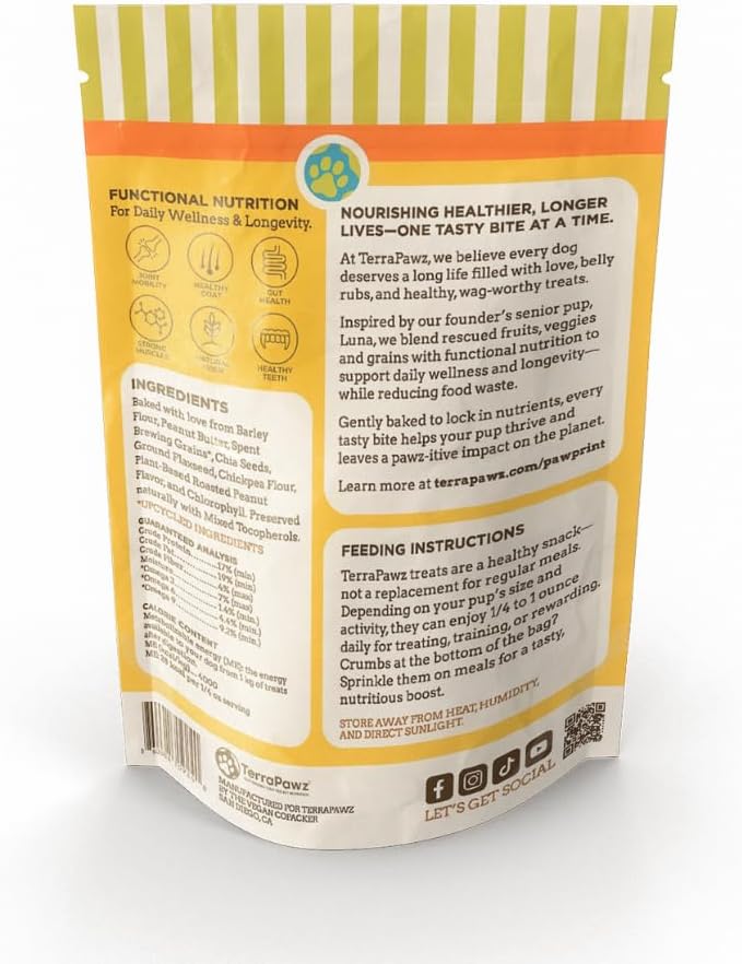 TerraPawz Vegan Dog Training Treats – Peanut Butter Flavor, Plant-Based Nutty Bark Bites with Chia & Flaxseed for Skin & Coat, Omega-Rich Treats for All Dog Sizes Including Large Breeds (8 oz)