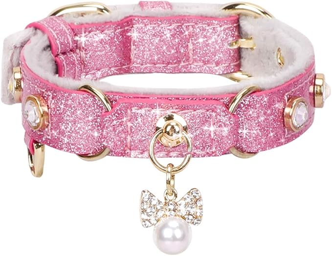 PetsHome Cat Collar, Dog Collar, [Bling Rhinestones] PU Leather Adjustable Pet Collar with Luxury Pendant for Cat and Small Dog Extra Small Pink