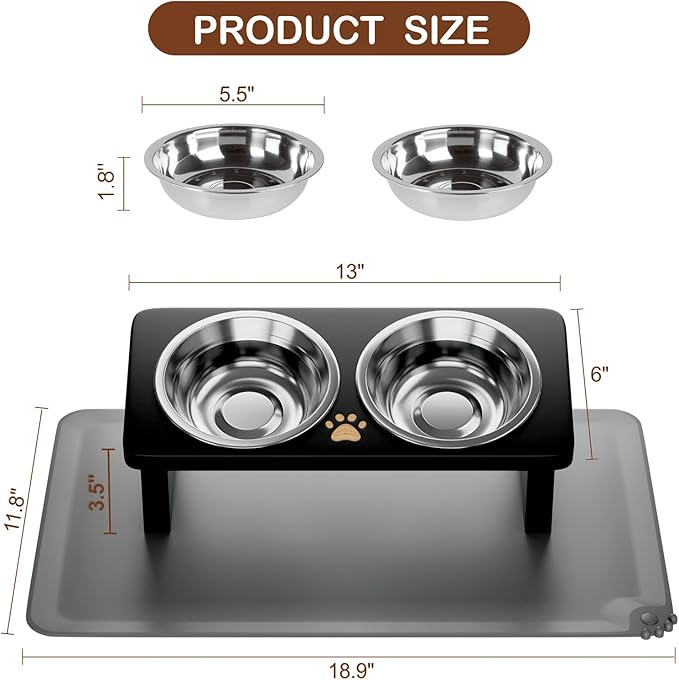 Elevated Cat Bowls with Silicone Mat, 15° Tilted Solid Wood Stand, Raised Stainless Steel Food & Water Dishes for Cats and Small Dogs, Anti-Vomiting Design(Black)