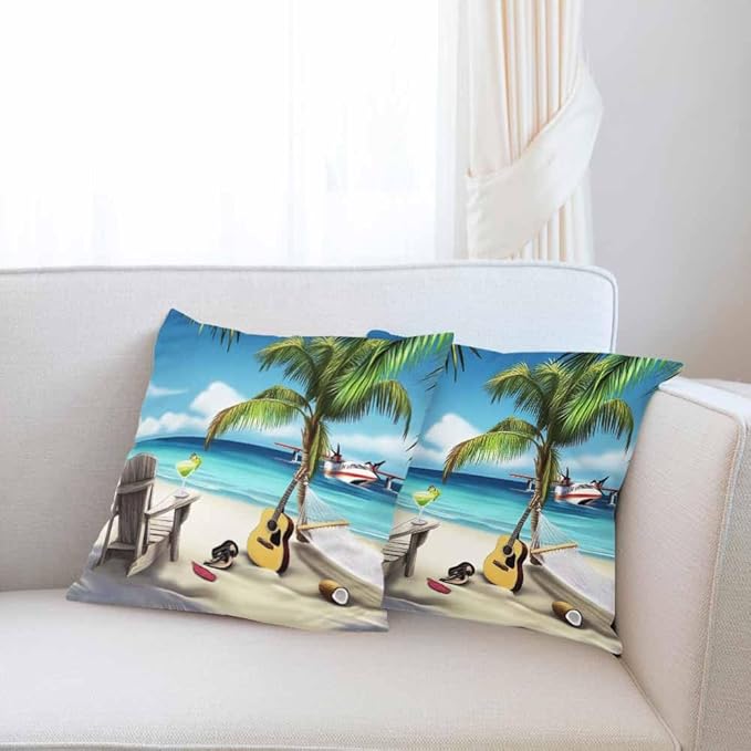 Throw Pillow Covers Green Palm Tree Relaxed Island Beach Holiday Blue Sky and Sea Sand Pillowcase Decor for Room Bed Chair,18X8 Inch Set of 2