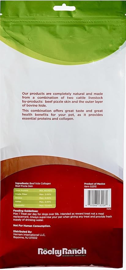 Rocky Ranch, 12" Dog Bully Hide Collagen Roll, Beef Flavor, 11.16 oz, Adult Dog, Natural Chew Treats, Dental Care, High Protein. 5 Count. No additives