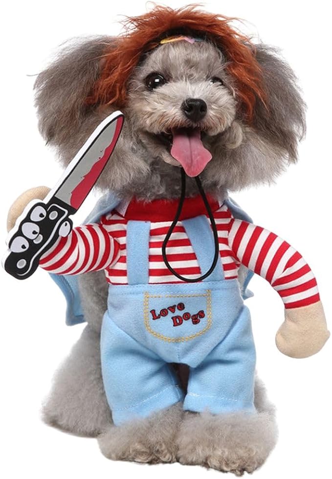 Puppy Deadly Doll Dog Costume, Pet Cosplay Clothes Halloween Christmas Funny Party Costume for Cats and Small Dogs (Large, Blue)