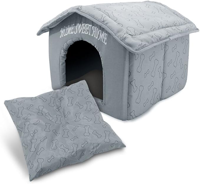 Best Pet Supplies Cat Bed for Indoor Cat, Domed Tent House with Removable Pillow, Covered Cat Cave for Small Dog, Puppies and All Breeds of Cats - Silver w/ Bones, 16 x 16 x H:14"