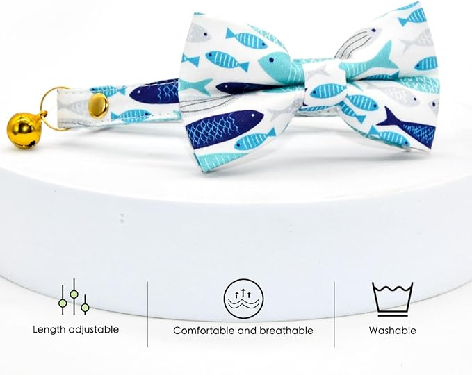 Fish Cat Bow Tie Collar, Blue Cat Collar, Breakaway with Bell, Wedding/Birthday Cat Accessories