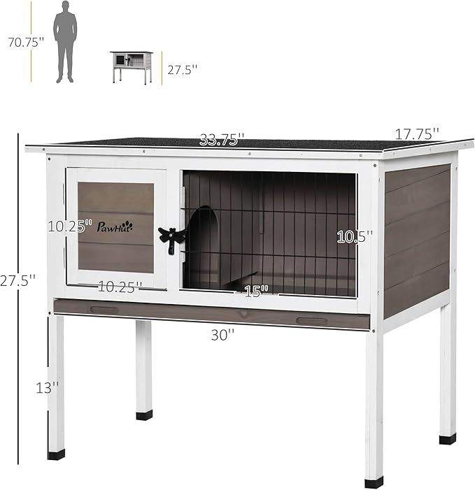 PawHut Elevated Wooden Rabbit Hutch, Indoor/Outdoor Bunny Cage with Hinged Asphalt Roof and Removable Tray for Guinea Pig, Brown
