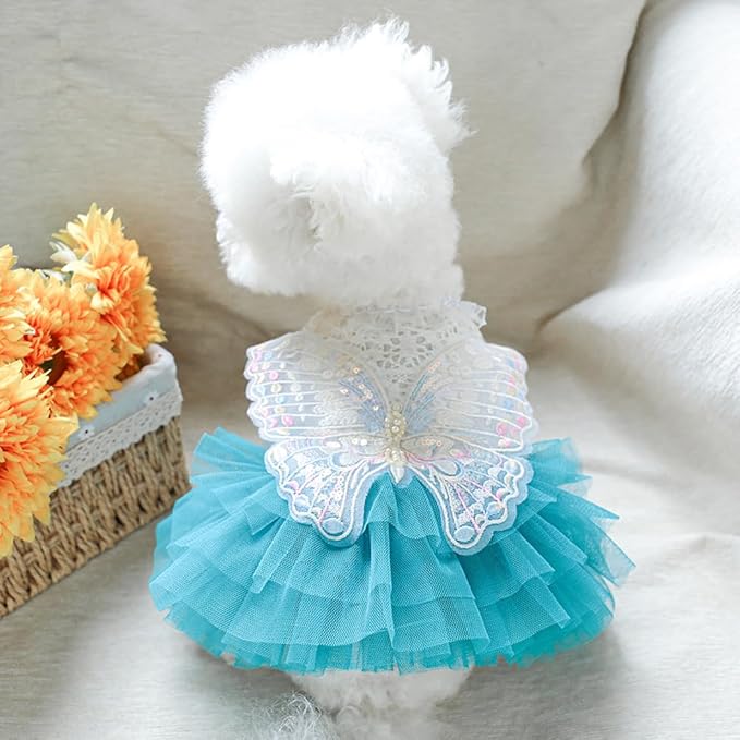 ANIAC Butterfly Dog Dress with Blue Tutu Funny Pet Clothes with Wing Girl Puppy Dress for Small Dog Pet Butterfly Costume Holiday Cat Outfit for Halloween Birthday Wedding (Lake Blue, X-Small)