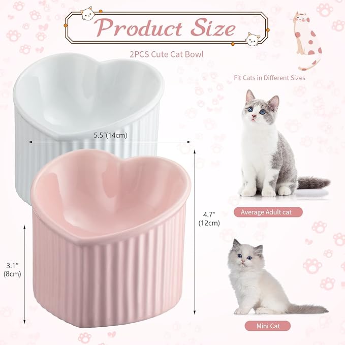 Mumufy 2 Pcs Ceramic Elevated Cat Bowls Tilted Elevated Raised Pet Bowls Anti Vomit Cat Dish for Indoor Stress Free Water Dish Feeder for Puppies, Heart Shaped(Pink, White)