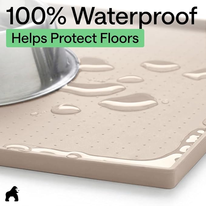 GORILLA GRIP 100% Waterproof Raised Edge BPA Free Silicone Pet Feeding Mat, Dog Cat Food Mats Contain Spills Protects Floors, Placemats for Cats and Dogs Water Bowl, Pets Accessories 32x24 Cream