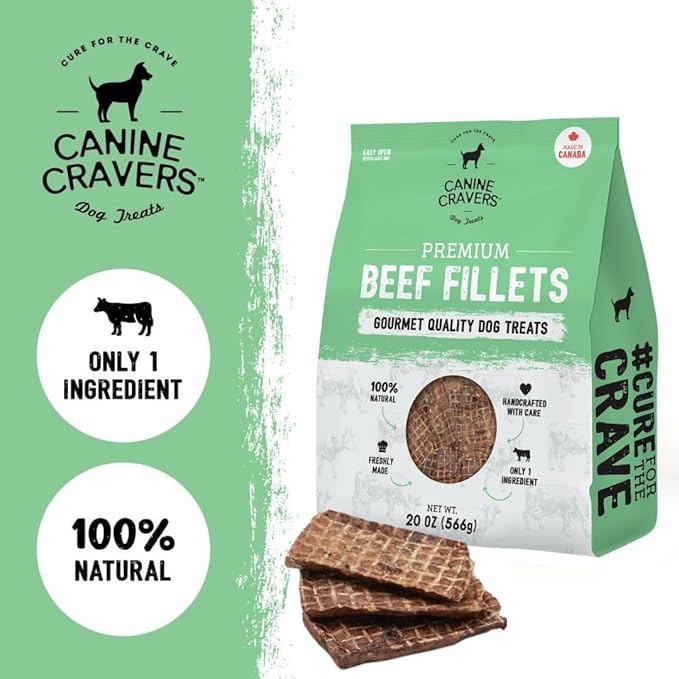Canine Cravers Single Ingredient Dog Treats – Human Grade Air Dried Hypoallergenic Pet Food – Grain, Gluten, and Soy Free – 100% All Natural (Premium Beef Fillets, 20 oz)