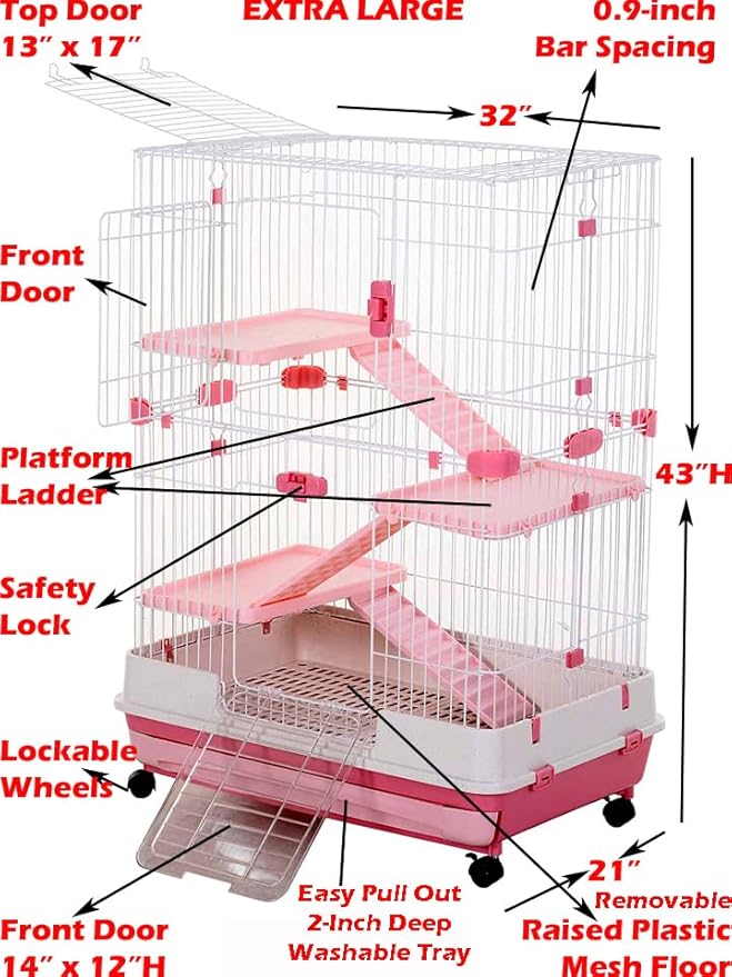 Pink X-Large 32”L in/Outdoor Small Animal Squirrel Ferret Rabbit Home Hutch Small Animal Cage with Paw Safe Platform Ladder Bottom Mesh Floor Easy Pull Out Washable Tray Lockable Wheels