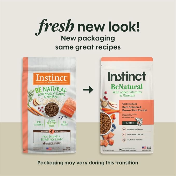 Instinct Be Natural, Natural Dry Dog Food, Raw Coated Kibble - Real Salmon & Brown Rice, 4.5 lb. Bag