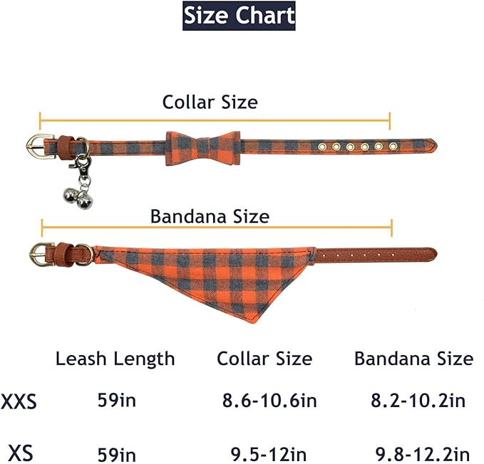 3PCS Bow Tie Dog Collar and Leash Set Plaid/Camo/Dots/Flower Dog Bandanas with Bell 3 Size Adjustable for Small Dogs Puppies and Cats (XS, Orange Plaid)