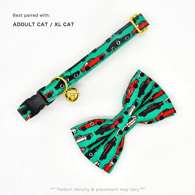Cat Collar Bow Set, Green Muscle Classic Racing Car, Wedding/Birthday Breakaway Collar Bowtie for Kitten/Cat