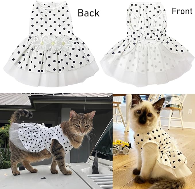 ANIAC Floral Cat Bridal Wedding Dresses Polka Dogs Small Dog Dress Female Ball Gown Puppy Princess Tutu Skirt Stretchy Pet Clothes for Spring Summer (White, Medium)