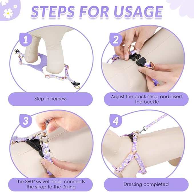 SlowTon Dog Harness Small Sized Dog - Soft XXS Dog Harness and Leash Set No Pull No Chock, Adjustable Lightweight Puppy Harness for XS Small Medium Dogs Cats (Purple Dasiy, S)