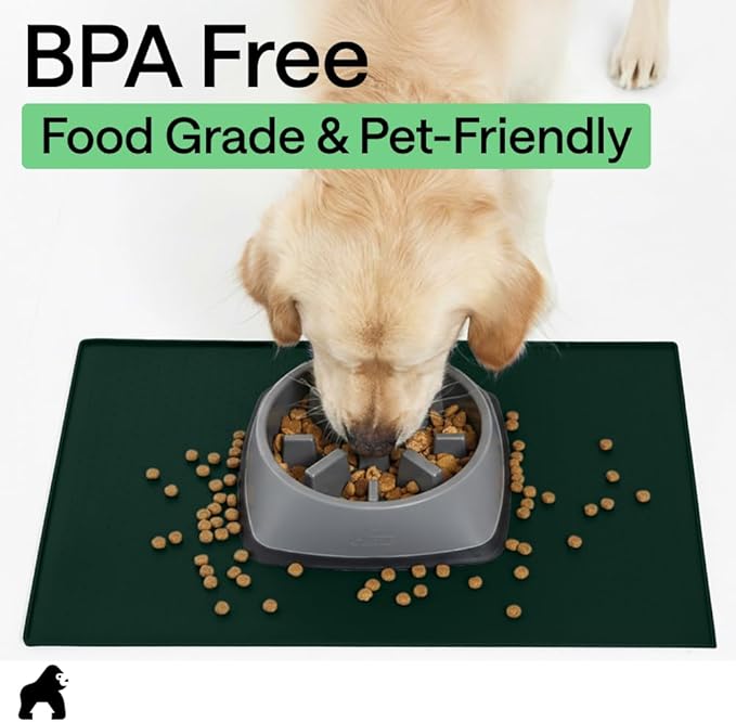 GORILLA GRIP 100% Waterproof Raised Edge BPA Free Silicone Pet Feeding Mat, Dog Cat Food Mats Contain Spills Protects Floors, Placemats for Cats and Dogs Water Bowl, Pets Accessories 16x10, Green