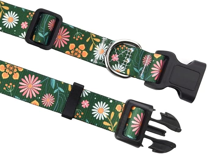 Dog Collar and Leash Set with Bohemia Floral Tribal Geometric Patterns - Soft Ethnic Style Collar Adjustable for Small Medium Large Dogs(Dark Green Flower Set,M)