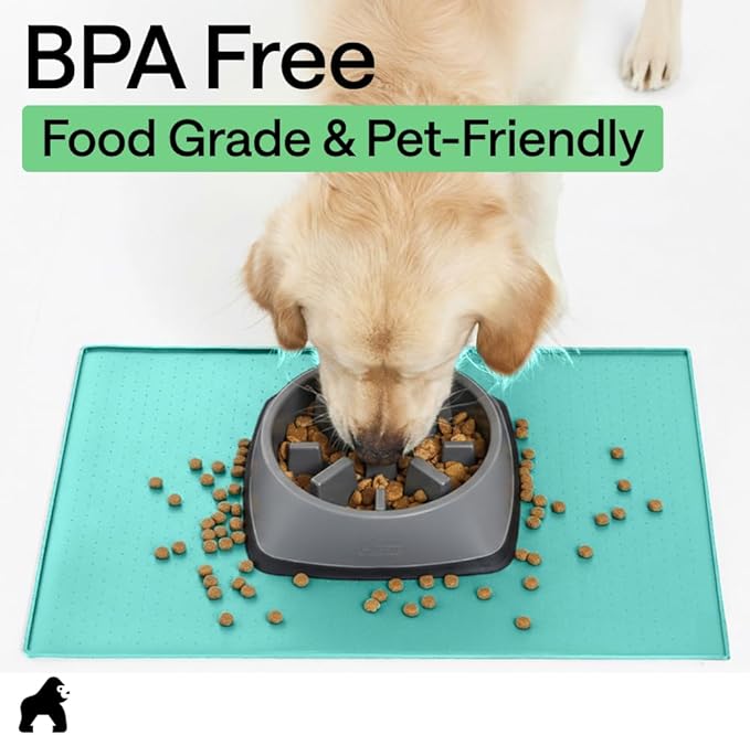 GORILLA GRIP 100% Waterproof Raised Edge BPA Free Silicone Pet Feeding Mat, Dog Cat Food Mats Contain Spills Protects Floors, Placemats for Cats and Dogs Water Bowl, Pets Accessories 32x24 Turquoise