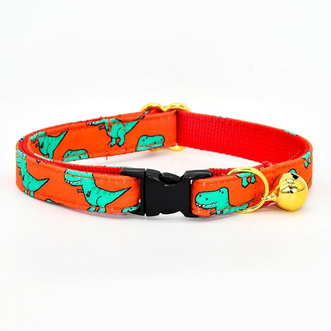 Cat Collar Bow Set, Green Dinosaur Red Background, Wedding/Birthday Breakaway Collar Bowtie for Kitten/Cat