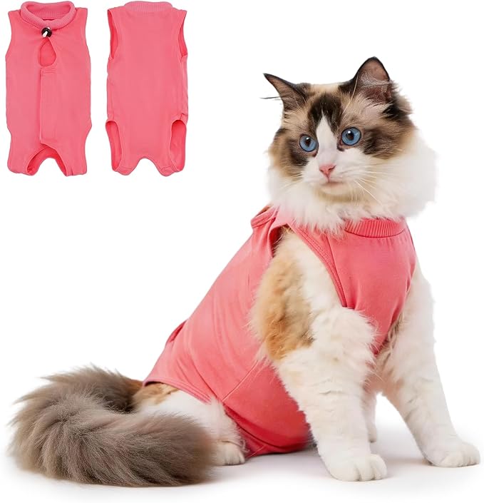 Avont Cat Recovery Suit Female Kitten After Spay Surgery, Breathable Modal Cotton Cat Onesie for Wound & Skin Disease Care, Machine Washable -Rosepink(L)