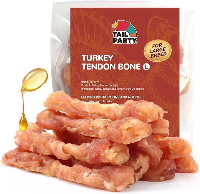 TailParty Turkey Tendons for Dogs with Fish Oil & Taurine: All Natural Dental Chews & Training Treats for Large Dogs, Long Lasting Snack for Health-Conscious Pet Owners(Bone, 1 lb)