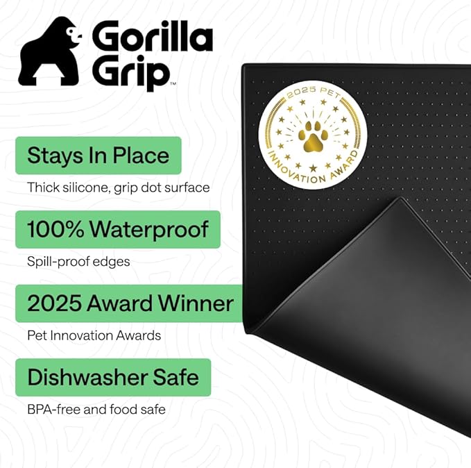 GORILLA GRIP 100% Waterproof Raised Edge BPA Free Silicone Pet Feeding Mat, Dog Cat Food Mats Contain Spills Protects Floors, Placemats for Cats and Dogs Water Bowl, Pets Accessories 18.5x11.5 Black