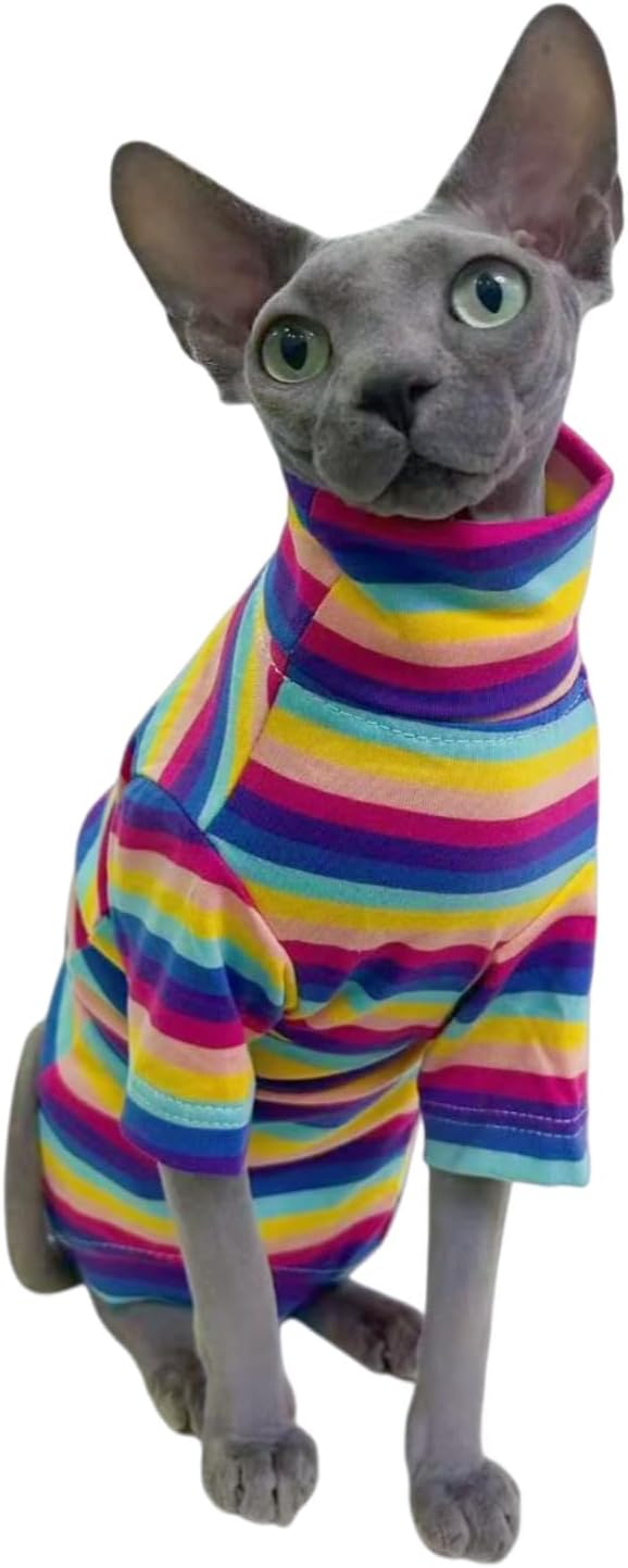 Vintage Stripes Sphynx Hairless Cats Shirt Cotton Cat Turtleneck Pet Clothes Kitten T-Shirts with Sleeves for Sphynx Cornish Rex, Devon Rex, Peterbald (Rainbow Stripe, Large (Pack of 1))