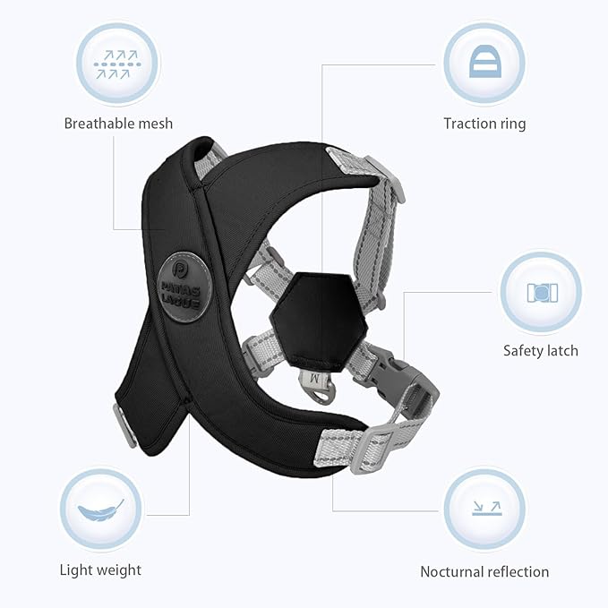 Patas Lague Dog Harness with Leash Set Adjustable Soft Padded Step-in Dog Vest No Choke No Pull Reflective for Medium Pets with Poop Bags and Dispenser, Solid and No-chew, Black L
