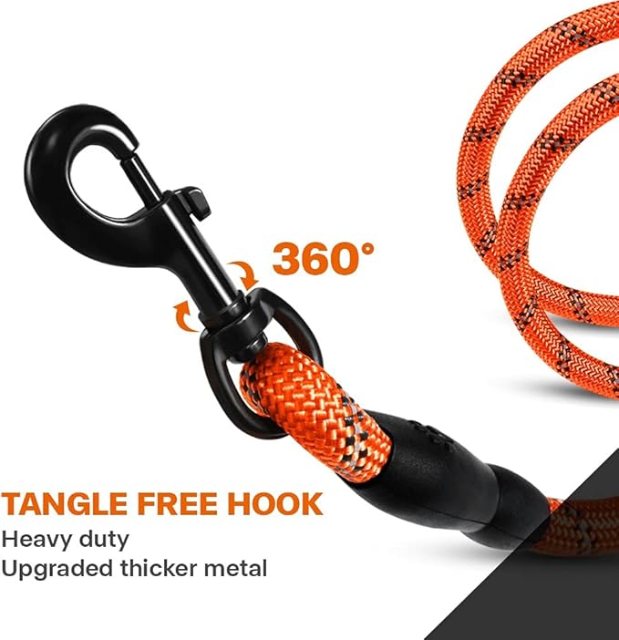 Taglory Rope Dog Leash 4 FT with Comfortable Padded Handle, Highly Reflective Threads Leash and Anti-Tangle Clip for Walking Medium Large Dogs, 1/2 inch, Orange
