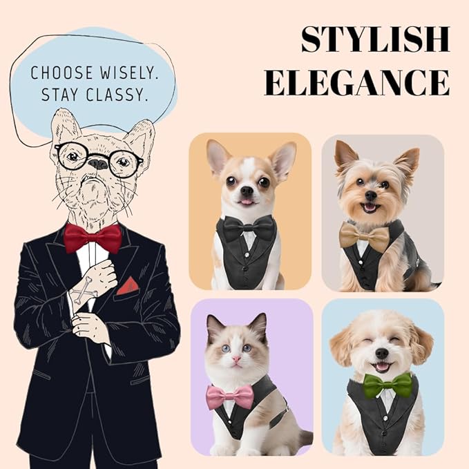 AVERYDAY XS Pet Tuxedo Harness, Wedding Costume Outfit for Small Dogs, Slim Cats and Tiny Pets with 9.1" Neck, 14.2-18.9" Chest, 9" Max Head Girth, Formal Suit Costume for Mini Breeds
