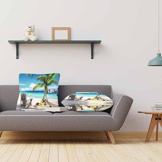 Throw Pillow Covers Green Palm Tree Relaxed Island Beach Holiday Blue Sky and Sea Sand Pillowcase Decor for Room Bed Chair,18X8 Inch Set of 2