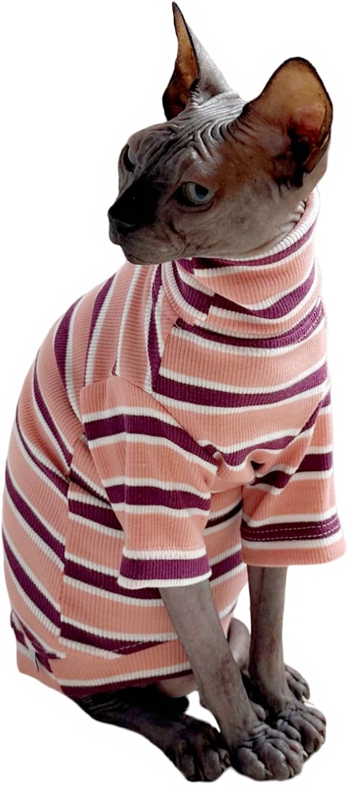 Turtle Neck Vintage Stripes Sphynx Hairless Cat Cotton T-Shirts Pet Clothes Vest Kitten Shirts Sleeveless, Cats & Small Dogs Apparel (Pink, M (5-6.5 lbs))