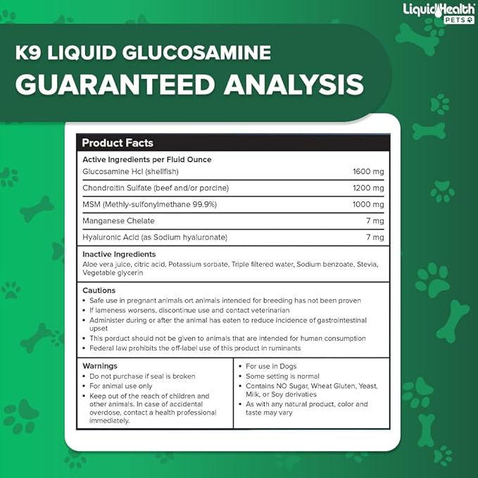 LIQUIDHEALTH Pets K9 Liquid Glucosamine for Dogs, Puppies, Senior Canines with Chondroitin, MSM, Hyaluronic Acid - Dog Vitamins for Hip & Joint Health, Dog Joint Oil, Joint Juice - Made in USA (32 oz)