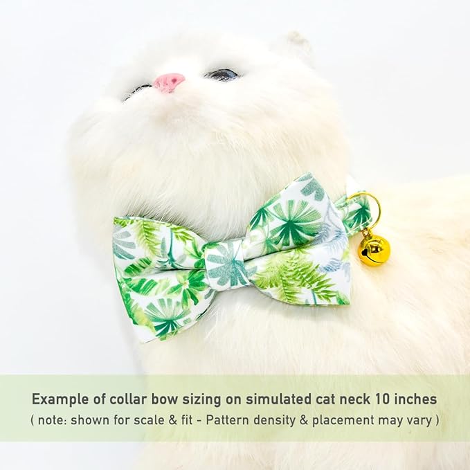 Bow Tie Cat Collar Set, Summer Hawaiian Palm Green, Wedding/Birthday Gift for Cat, Cat Accessories, XS (8" - 13")