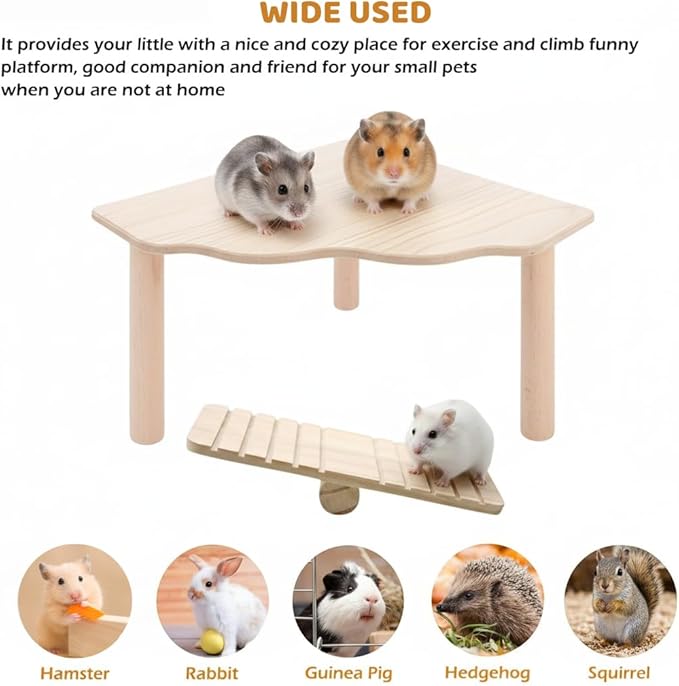 2-in-1 Wooden Hamster Platform & Seesaw Set - Natural Pine Small Animal Climbing Toy & Cage Accessories for Syrian Hamster, Gerbil, Mouse, Rabbit Habitat Enrichment (Bridge/Maze/Wheel/Hide Compatible)