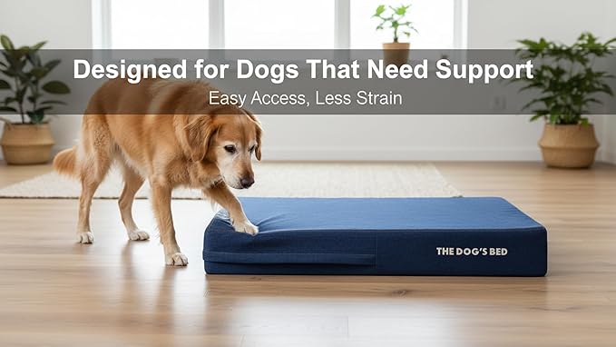 The Dog’s Bed Orthopedic Memory Foam Dog Bed for Large Dogs, Waterproof Washable Cover, Anti-Slip Base, Calming Surface – CertiPUR-Certified Foam, Real Blue Denim, 6 Inch Thick