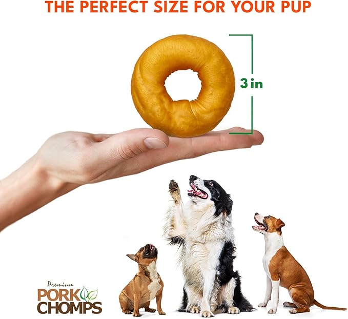 Pork Chomps Roasted Pork Skin Dog Chews, 3 Inch Donuts, Real Chicken, 2 Count, Pack of 1 - Long-Lasting Treats for Dogs - High Protein, Rawhide-Free, Low Fat, Healthy & Delicious Chews