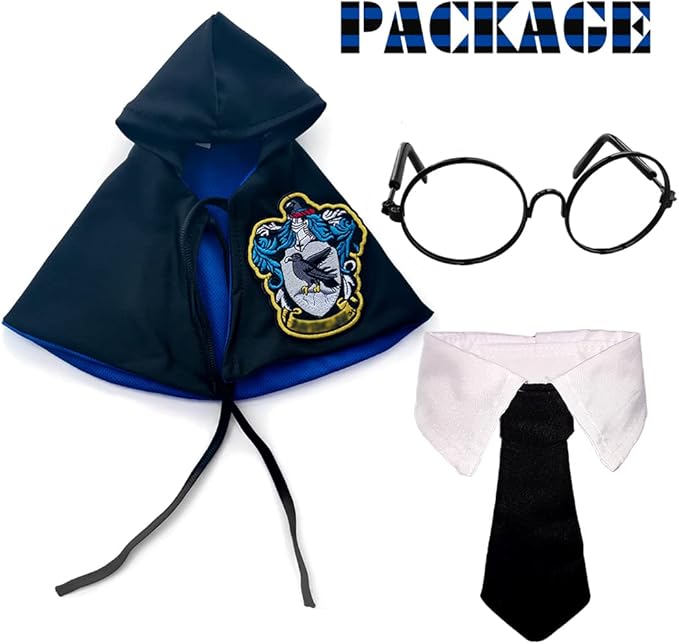 Cat Costumes Halloween 3 Piece Set with Glasses and Neckties, Cat Dog Cosplay Costume Set, Perfect for Party and Gifts for Cat Dog (Blue, Large)