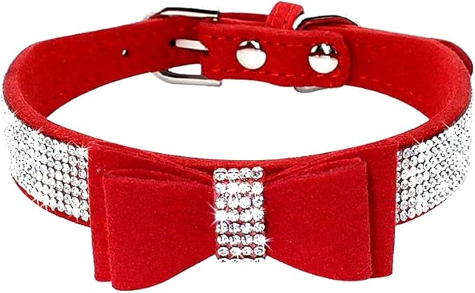 Cute Dazzling Sparkling Elegant Fancy Soft Suede Leather Bling Rhinestone Crystal Jeweled Pet Cat Dog Puppy Collar Dog Leash Combo Set (XS, Red-1)