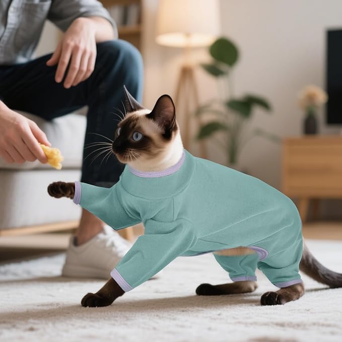 DENTRUN Cat Clothes for Hair Control with Hair Sticky Fabric - Soft Recovery Suit & Breathable Lint-Resistant Cat Sweater for Cats Only, Kitten Onesie Pajamas, XS, Bean Green