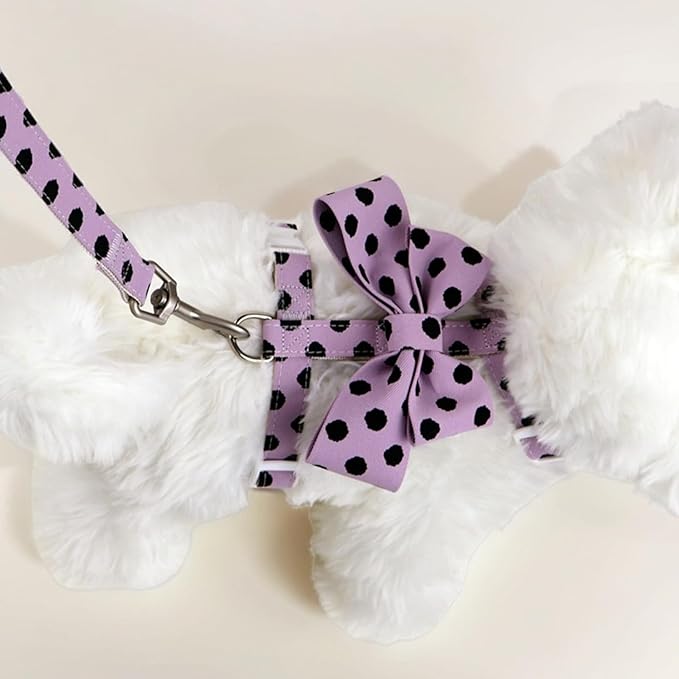Cat Harness and Leash Set, Sweet Bow Accent Kitten Collar, Escape Proof Small Dog Harness, Cute Polka Dot Print Puppy Collar, Girl Dog Leash for Small Dogs Cats Outdoor Walking (Purple, M)