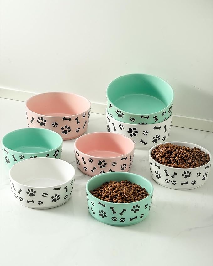 UBEE Ceramic Dog Bowl Set of 2, 5.5 inch Dog Food Bowl Dish with Bone Paw Pattern, Pet Food Water Dish Feeding Plates for Small Dogs, Puppy and Cat, Green