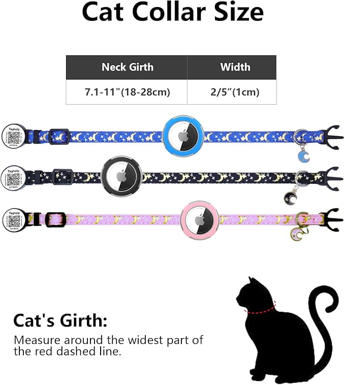 Waterproof Airtag Cat Collar Breakaway, Moons and Stars Safety Breakaway Cat Collars with Apple Airtag Holder with Qr Code, Adjustable GPS Tracker boy Girl Kitten Collar (Black B)