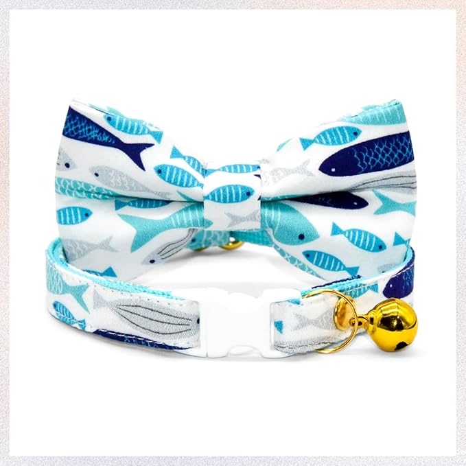 Fish Cat Bow Tie Collar, Blue Cat Collar, Breakaway with Bell, Wedding/Birthday Cat Accessories